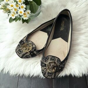 Michael Kors MK Black Leather Trim Ballerina Flat Fulton Shoes Size 8M